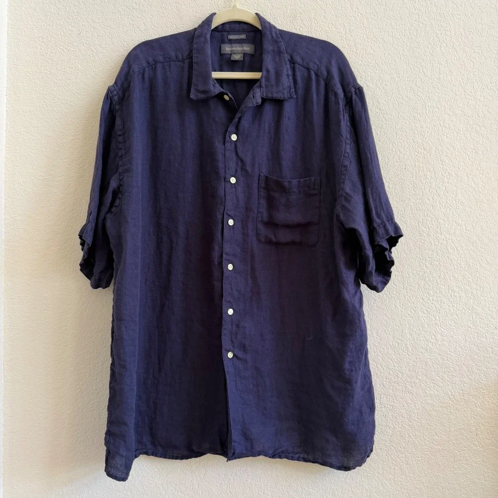 Banana Republic Mens XL Navy Blue 100%‎ Irish Linen Short Sleeve Button Up Shirt